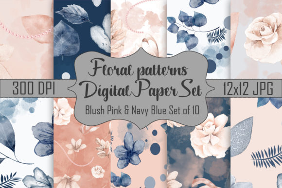 Floral Patterns Digital Paper Pack: Elevating Design with Blush Pink and Navy Blue