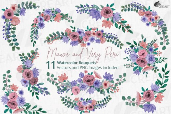 Mauve and Very Peri Flower Bouquets Art: Elevating Your Creative Projects with Watercolor Elegance